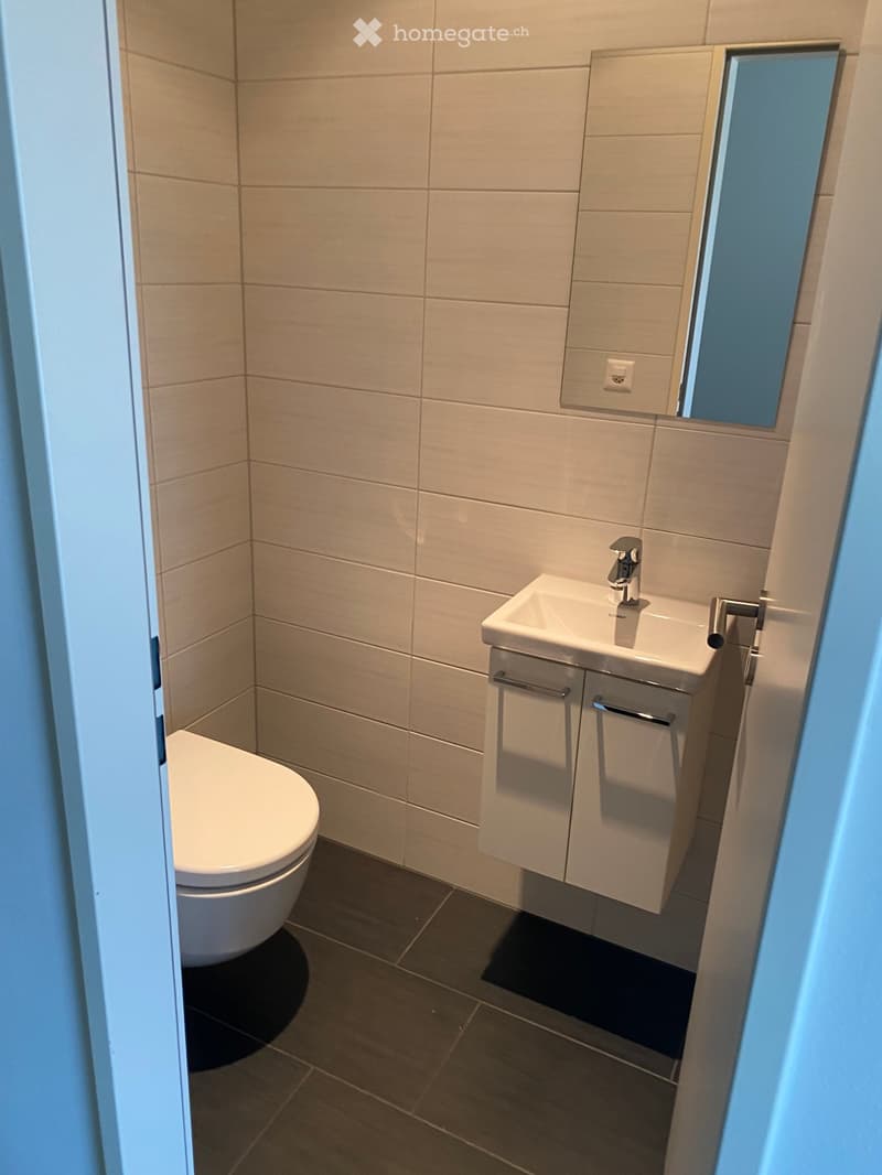 Modern bathroom with beige tiled walls, a white toilet, a sink with a modern faucet, and a mirrored cabinet above the sink.