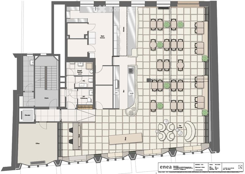 Main floor with a kitchen, dining area, bar, tea lounge, office, and multiple seating areas.