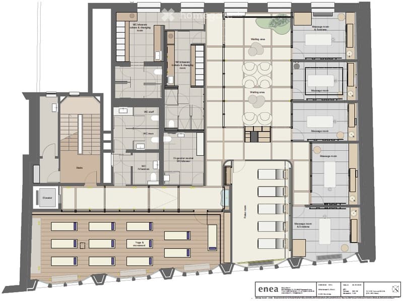 Stairs, elevator, WC staff, WC men, WC women, IV-gender neutral WC, waiting areas, massage rooms, yoga and movement rooms