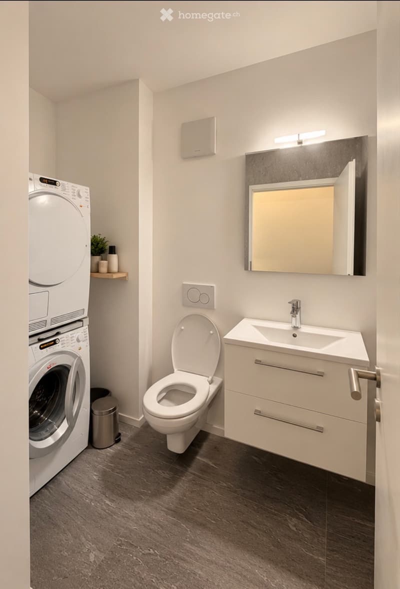 Modern bathroom with a toilet, sink, mirror, and washing machine. Features a dark tiled floor and white cabinetry.