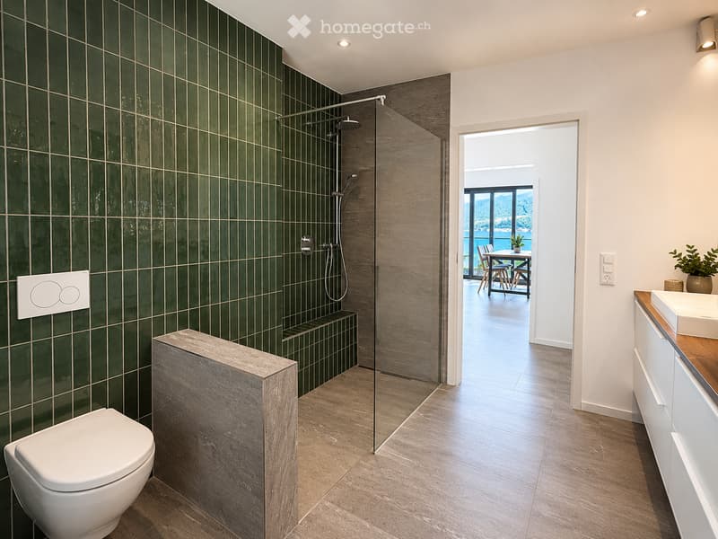 Modern bathroom with green tiled shower, white toilet, sink, and cabinet, with a view of the sea through an open doorway.