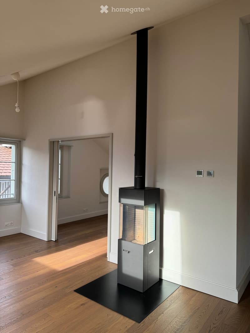 Modern room with wooden flooring, white walls, and a sleek black fireplace with a tall chimney. A window with a view of the roof is visible, along with a door leading to another room.
