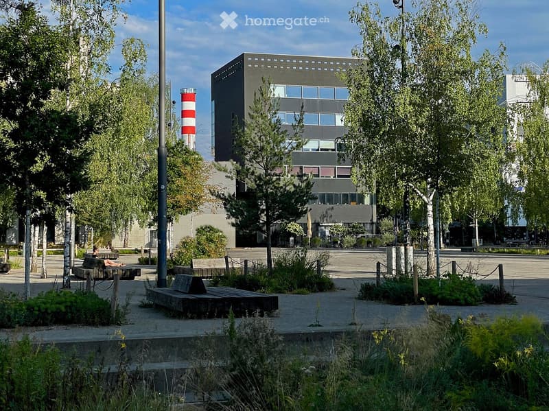 Modern outdoor area with benches, trees, and a contemporary building in the background.