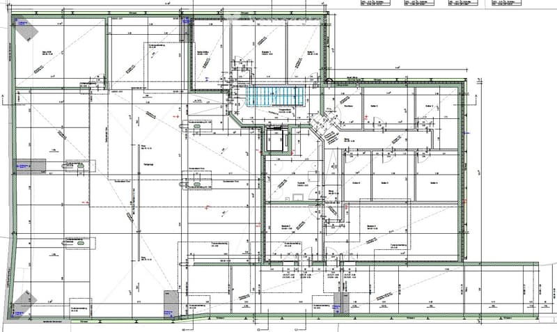 Floor plan of a multi-story building with labeled rooms, dimensions, and structural details. Includes areas for living spaces, technical rooms, and storage.