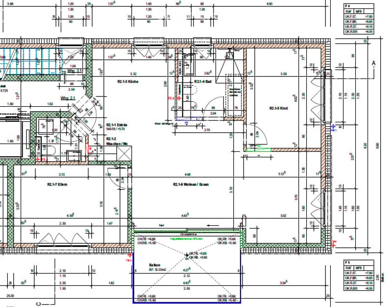 Floor plan of a multi-room residential building, including labeled rooms such as living room, kitchen, bedrooms, bathrooms, and entrance. Dimensions and wall placements are indicated.