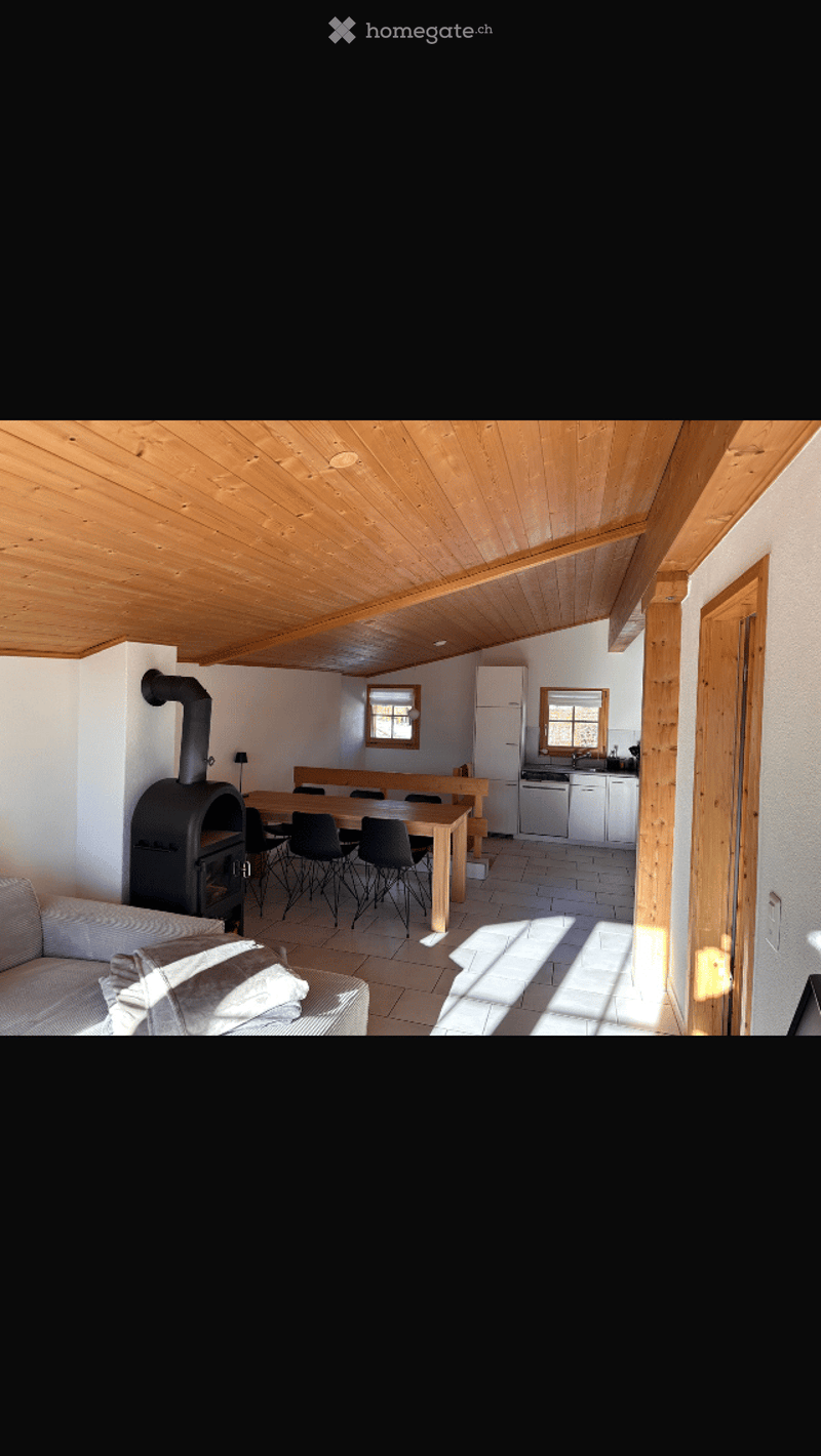 Open-plan living and dining area with a wooden ceiling, tiled floor, fireplace, sofa, dining table with chairs, and a small kitchen area with cabinets, refrigerator, and dishwasher.