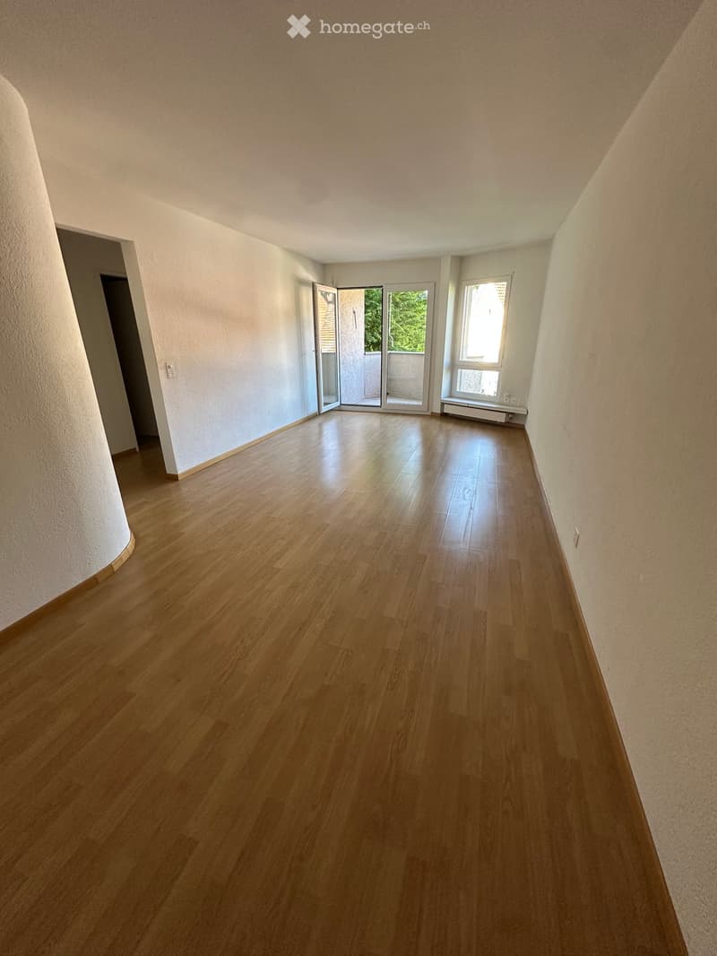 Empty hallway with wooden flooring, white walls, and a sliding glass door leading to a balcony area.