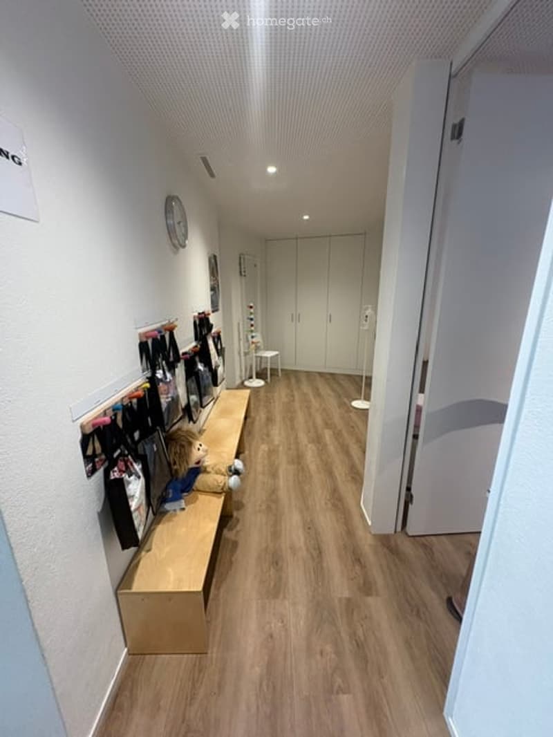Bright hallway with wooden flooring, white walls, and built-in storage units at the end. A small bench with a teddy bear sits near the wall, and hooks hold various items.