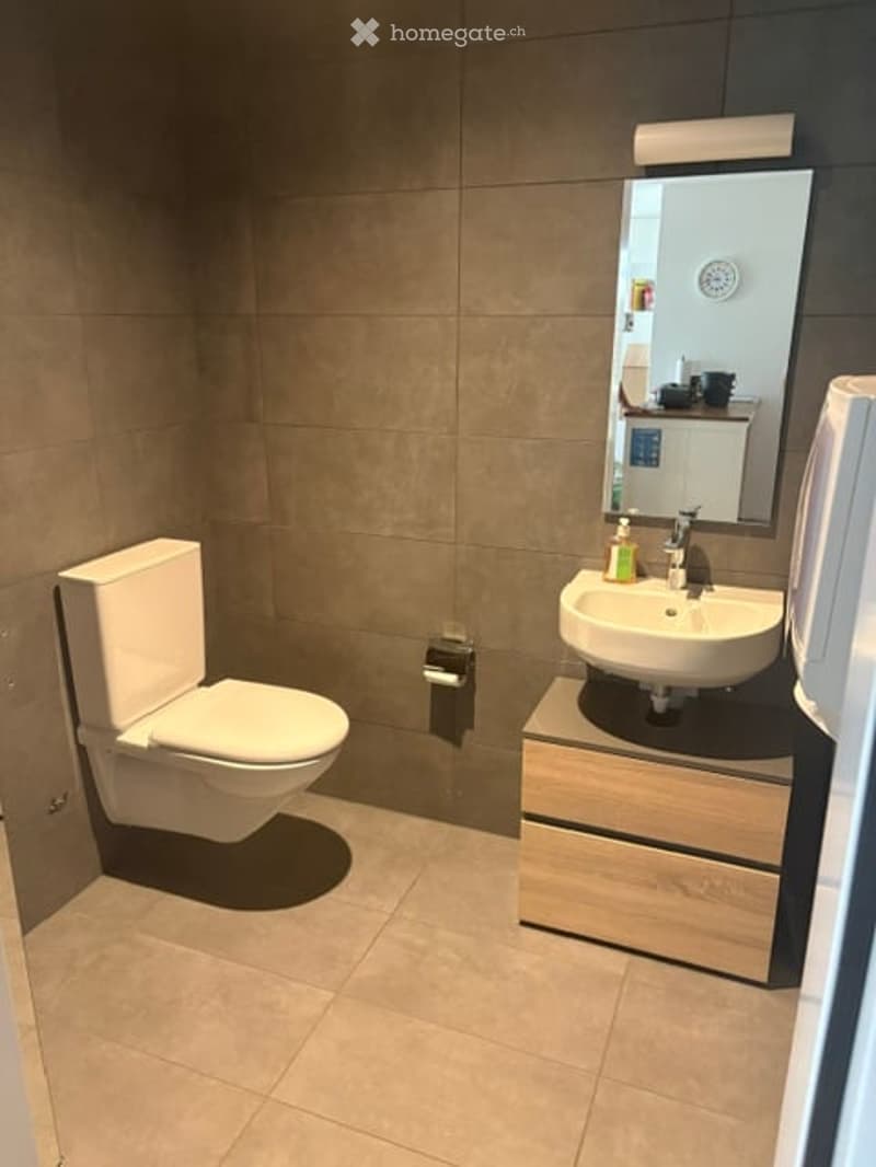 Modern bathroom with beige tiles, a white toilet, a sink with a wooden cabinet, a large mirror, and a soap dispenser.