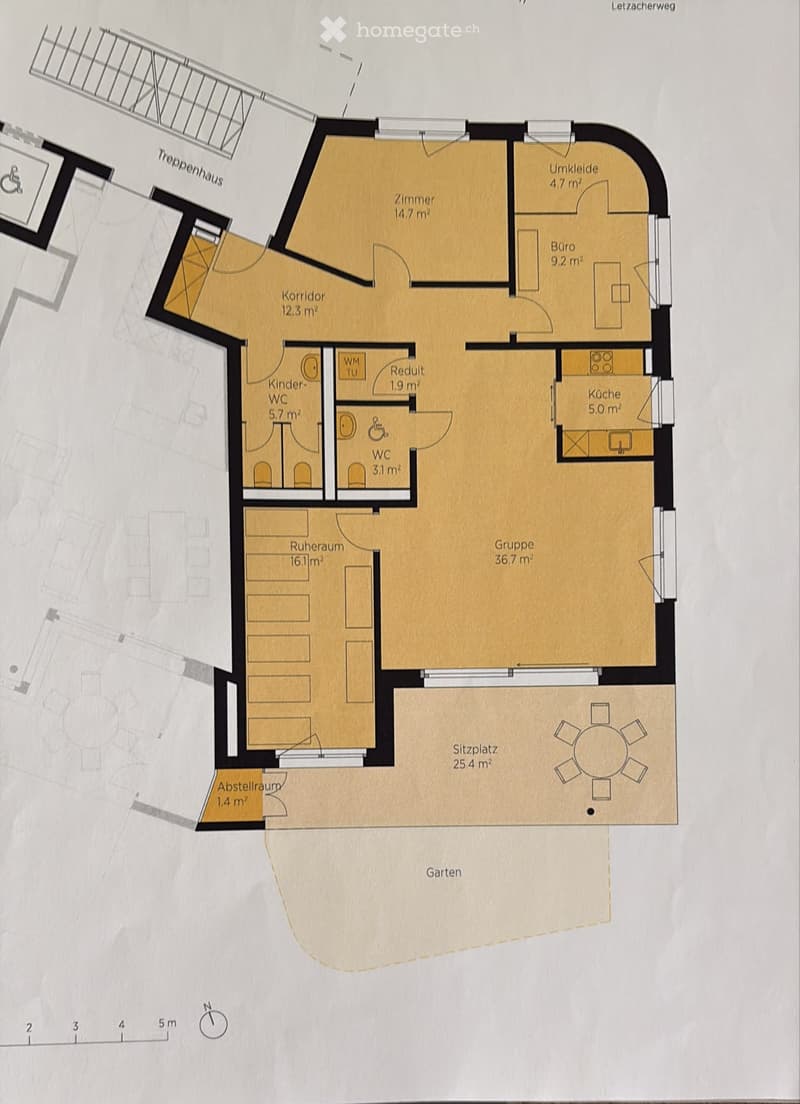Floor plan showing a multi-room layout including a kitchen, living area, bedroom, bathroom, hallway, and garden.