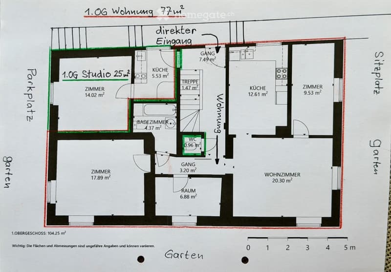 Floor plan of a 1st floor apartment with77 m² total area, including a studio, living room, kitchen, bathroom, and WC.