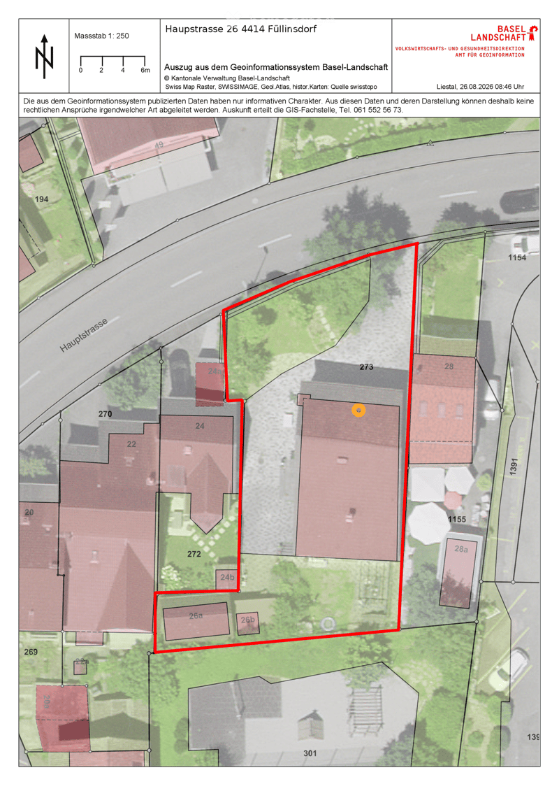 Geographic map showing property boundaries and surrounding structures in Füllinsdorf, Basel-Landschaft. Includes labeled plots and streets.