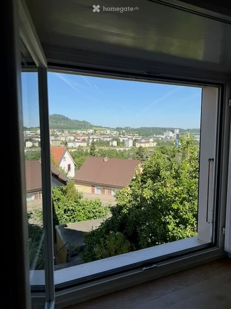 View from a large window showing a cityscape with houses, trees, and distant hills under a clear blue sky.