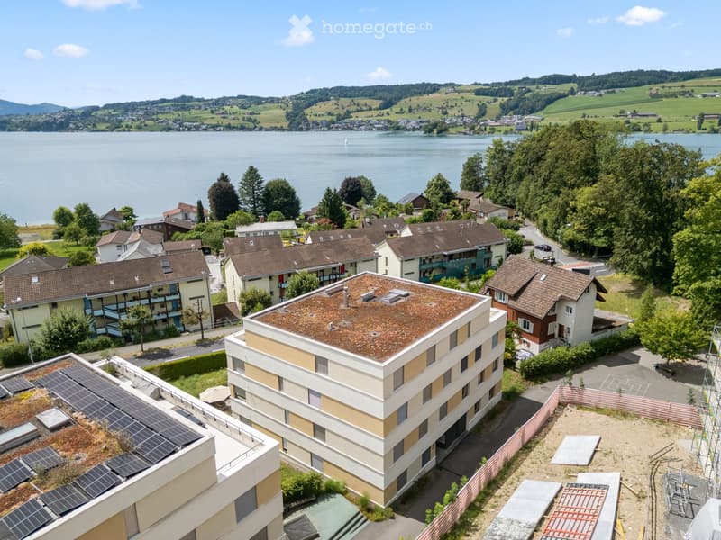 Aerial view of a residential area with modern buildings, solar panels, and a scenic lake in the background.