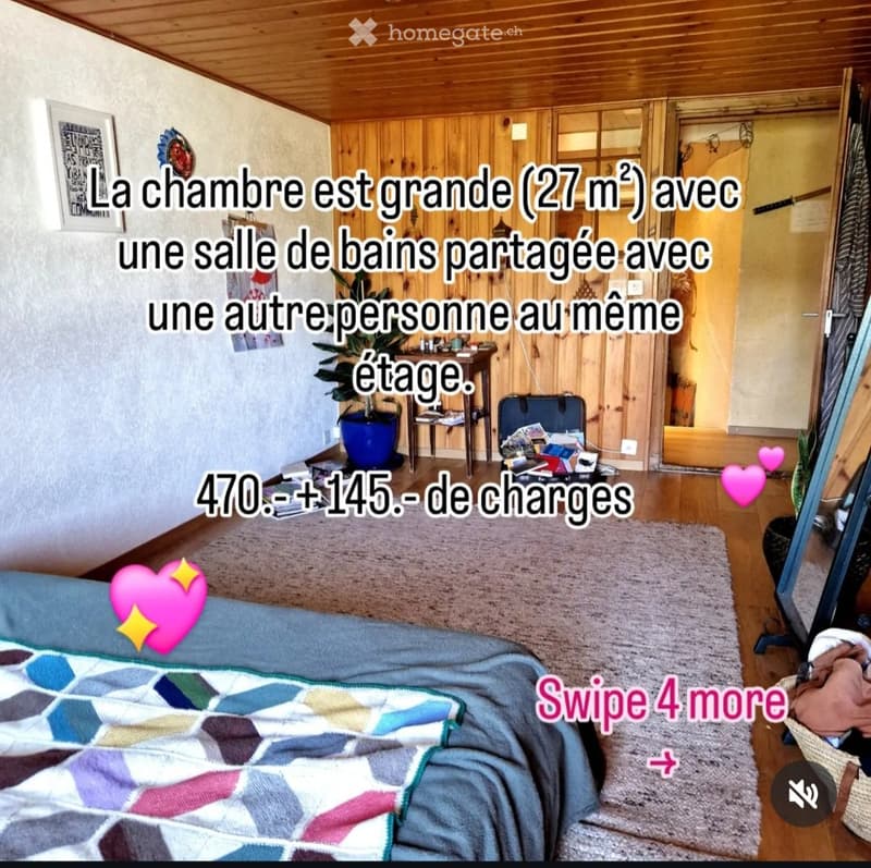 Cozy bedroom with wooden walls and ceiling, featuring a bed with a colorful quilt, a small table with a plant, and a suitcase on the floor.