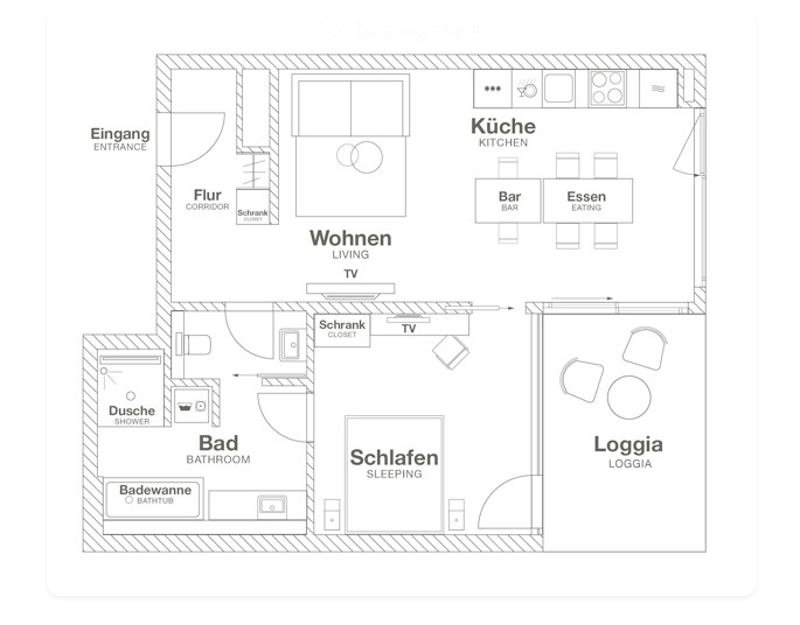 Floor plan of a modern apartment featuring an entrance, living area, kitchen, bedroom, bathroom, and loggia.