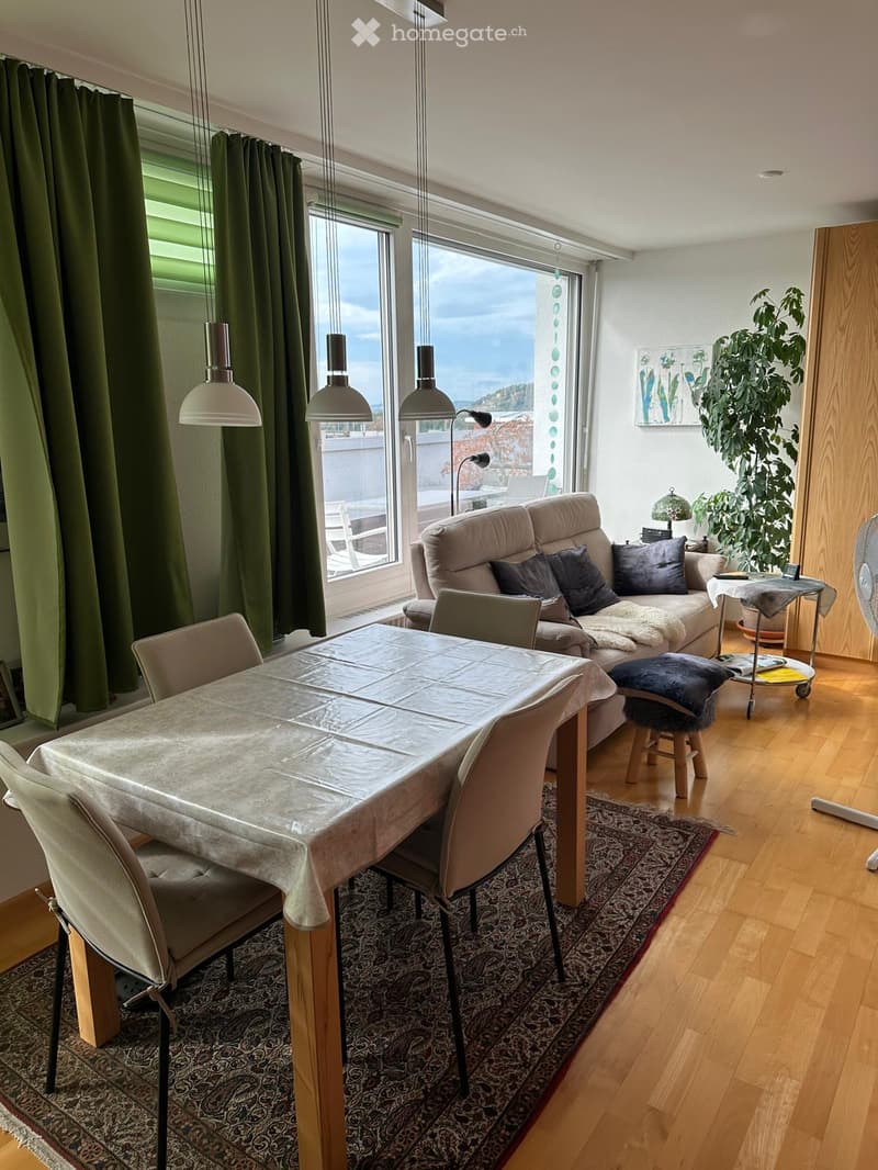 Bright living and dining area with wooden floors, large windows, a sofa, dining table, chairs, and a plant.