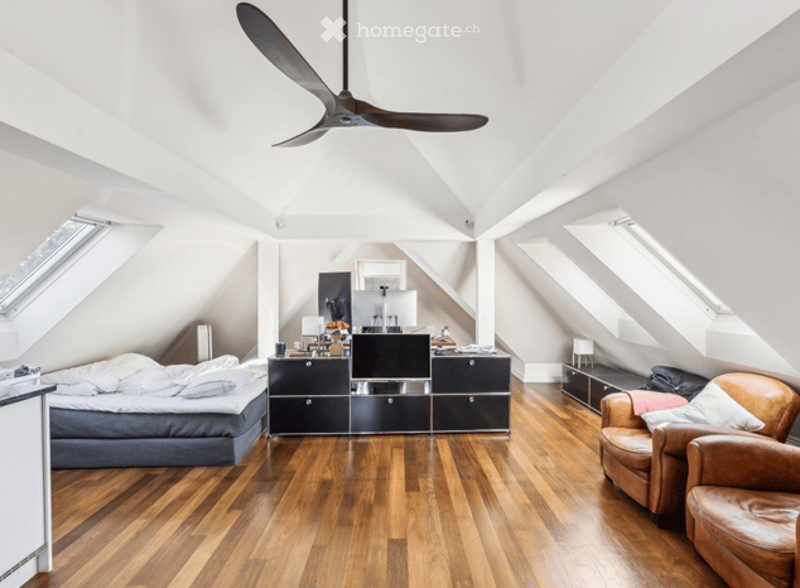 A modern, open-concept attic space with exposed wooden beams and skylights. The room features a bed, a sofa, a television, a small table, and several cabinets. The flooring is polished hardwood, and the ceiling has a large industrial-style fan.