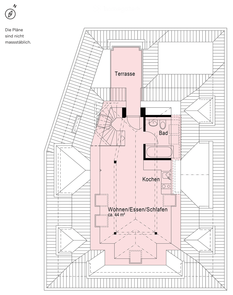 Floor plan showing a living/dining/sleeping area, kitchen, bathroom, and terrace.