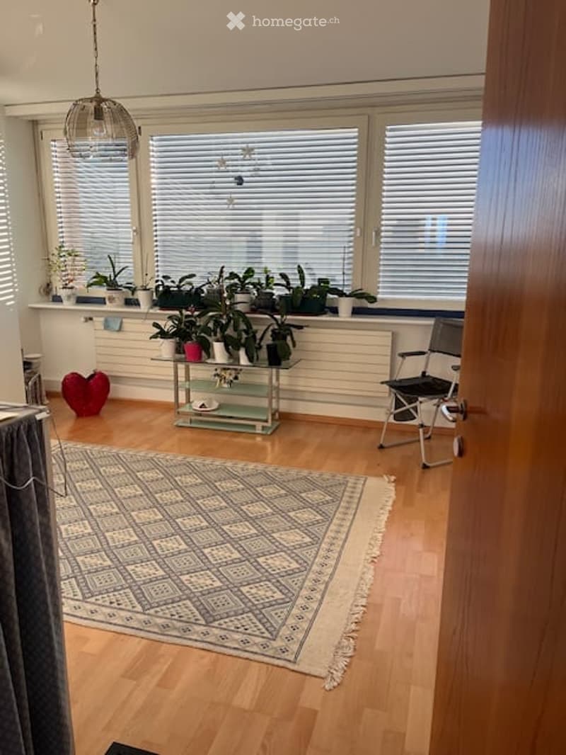 living room with wooden floor, large windows, rug, potted plants, lamp, chair, heart-shaped decoration, open door