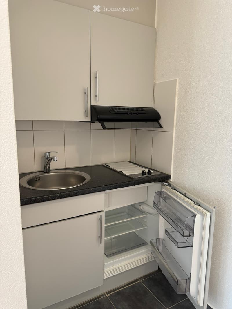 Compact kitchen with white cabinets, stainless steel sink, range hood, and open refrigerator.