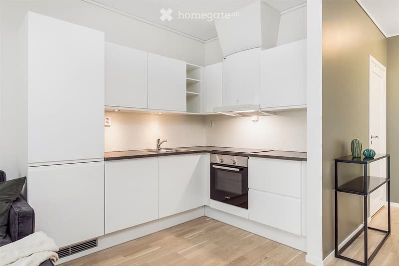 Modern kitchen with white cabinets, stainless steel sink, oven, and a small black table with a cactus.