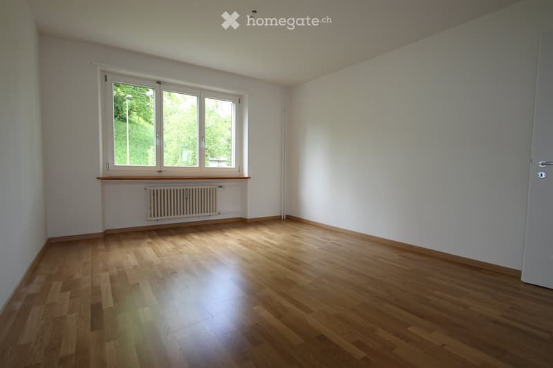 Empty room with wooden flooring, white walls, large window with white frame, radiator below the window, and a closed door on the right side.
