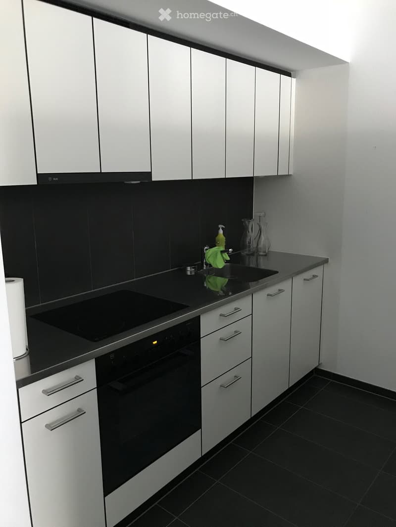 Modern kitchen with white cabinets, black countertop, built-in oven, sink, and decorative vases.