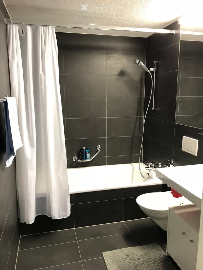 Modern bathroom with dark tiled walls and floor, featuring a bathtub, toilet, sink, shower curtain, and a handrail for safety.