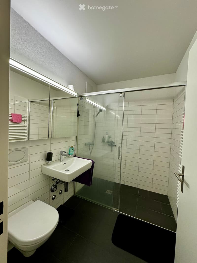 Modern bathroom with white tiles, black floor, glass shower enclosure, toilet, sink, and mirror. Includes a towel and a bottle on the sink.