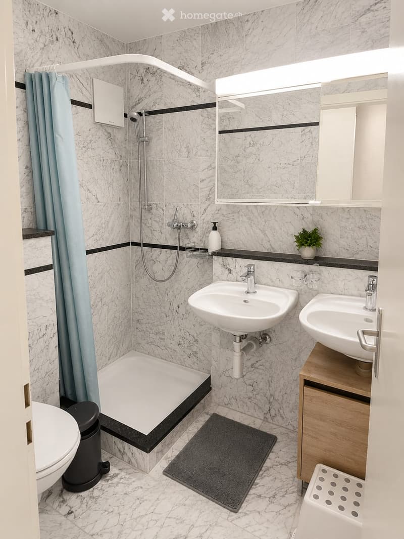 Modern bathroom with marble tiles, a bathtub, toilet, two sinks, a large mirror, a shower curtain, and a small plant on the shelf.