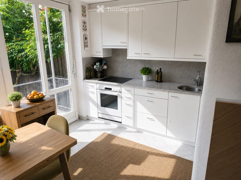 Bright, modern kitchen with white cabinets, a central island, and a dining area. Features include a wooden dining table, a white oven, a sink with a modern faucet, and decorative items like vases and bottles.