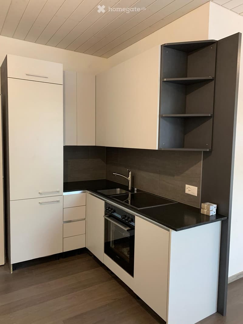 Modern kitchen with white cabinets, black countertops, stainless steel sink and faucet, built-in oven, and wooden flooring.