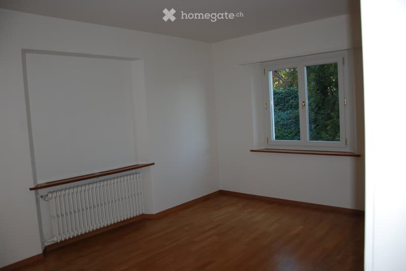 Empty room with wooden flooring, white walls, a radiator, and a window with a view of greenery.