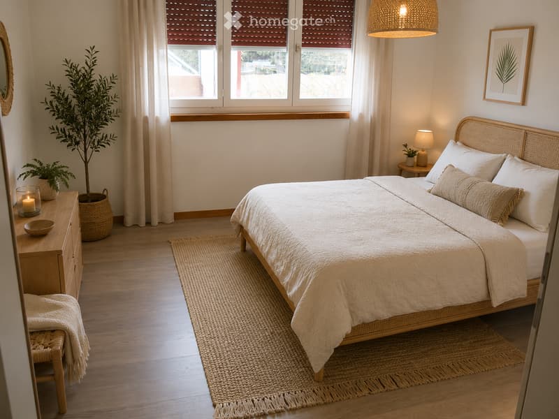 Cozy bedroom with a large bed, nightstand, lamp, and decorative plants. Features a woven headboard, natural wood furniture, and a woven rug.