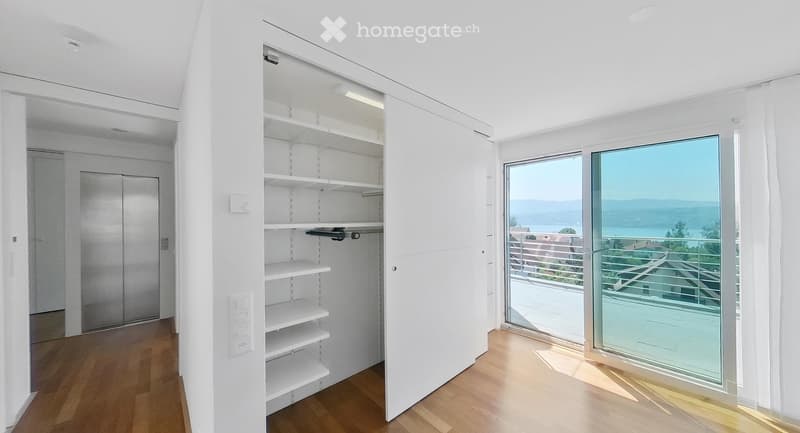 Empty room with white walls, wooden flooring, large window with a view, and built-in closet with empty shelves.