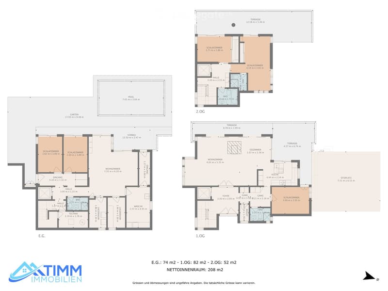 Floor plan showing three levels: ground floor, first floor, and second floor. Includes bedrooms, bathrooms, living room, kitchen, hallway, terraces, garden, and pool.