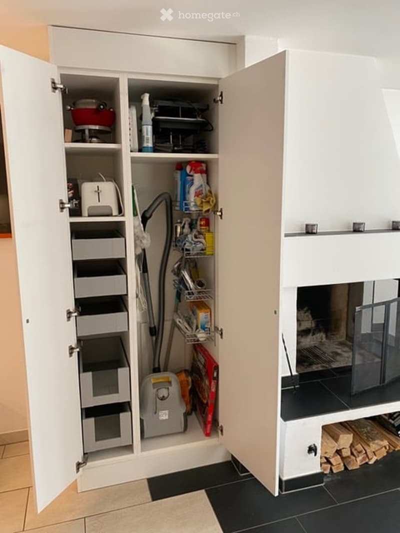 Open storage cabinet with various household items, including a toaster, vacuum cleaner, and cleaning supplies. Adjacent fireplace with wood stack visible.
