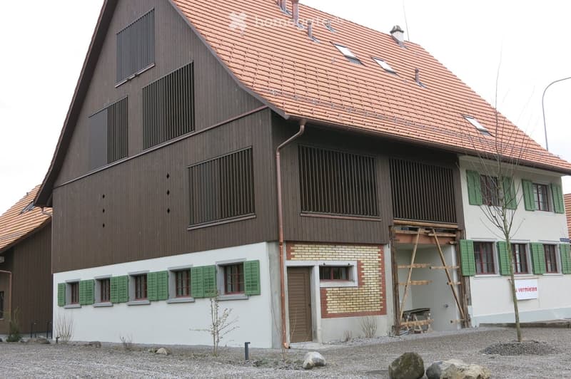 brown wooden exterior, red roof, green shutters, brick wall, wooden door, under construction