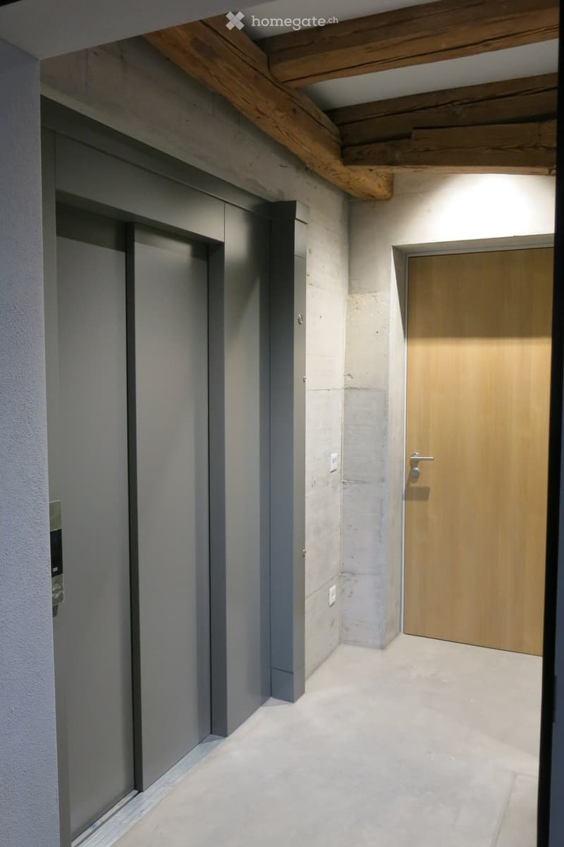 Modern hallway with exposed wooden beams, concrete walls, and a wooden door at the end.