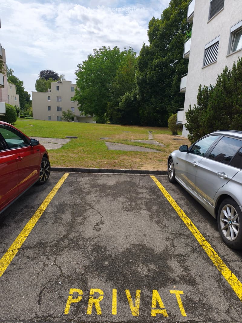 A private parking area with two cars parked, marked with yellow lines and the word "PRIVAT" on the asphalt.