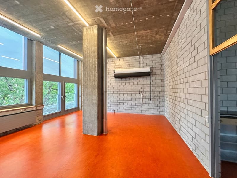 Modern, minimalist unfurnished room with exposed concrete pillars, large windows, white tiled walls, and a vibrant orange floor.