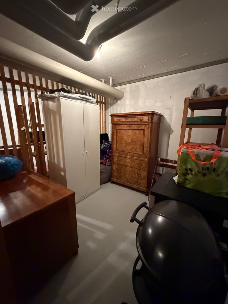 Basement room with white walls, wooden shelves, a wardrobe, a desk, a storage box, a folding chair, and a blue bag on the desk.