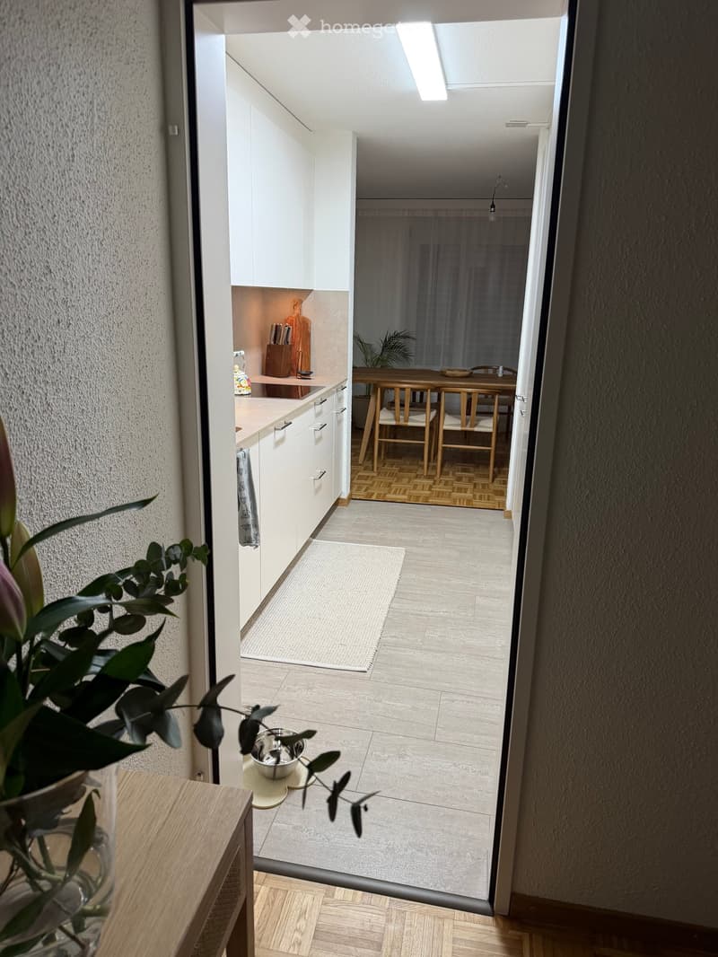 View from kitchen door to dining room, kitchen with wooden countertops, large dining table, potted plant, window with white curtains