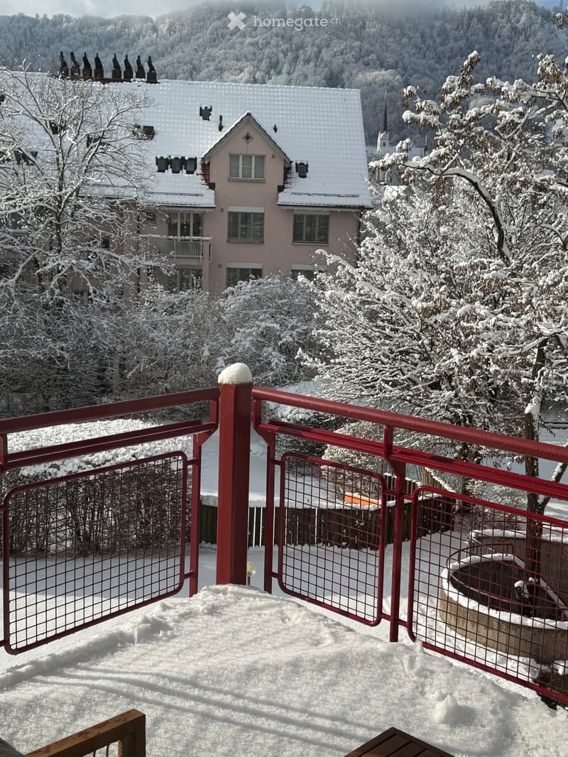 Building covered in snow, large balcony with red railings, a small hot tub on balcony, pine trees covered in snow, mountains in the background