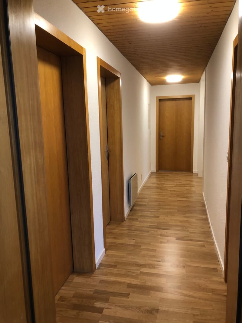 A clean, well-lit hallway with wooden flooring, white walls, and several wooden doors. The ceiling has recessed lighting and a wooden finish.