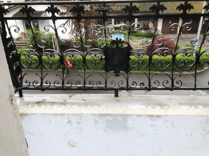 Balcony with ornate black wrought-iron railing, overlooking a street with greenery and buildings.