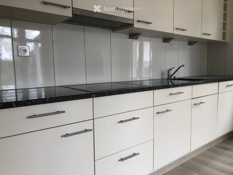 Modern kitchen with white cabinets, black granite countertop, stainless steel sink, and induction cooktop.