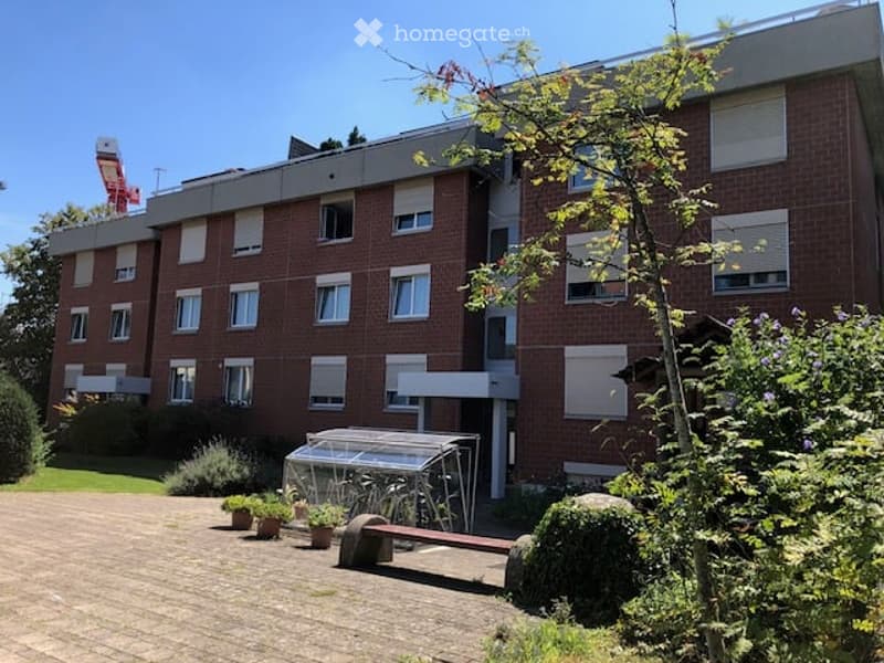 A multi-story brick apartment building with white-framed windows and balconies, surrounded by greenery and potted plants in the courtyard.