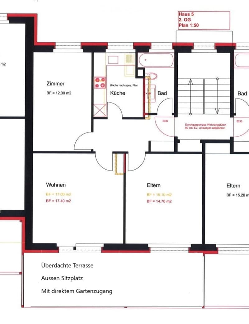 Floor plan of a 2-story house with living room, kitchen, bedrooms, bathrooms, and covered terrace.
